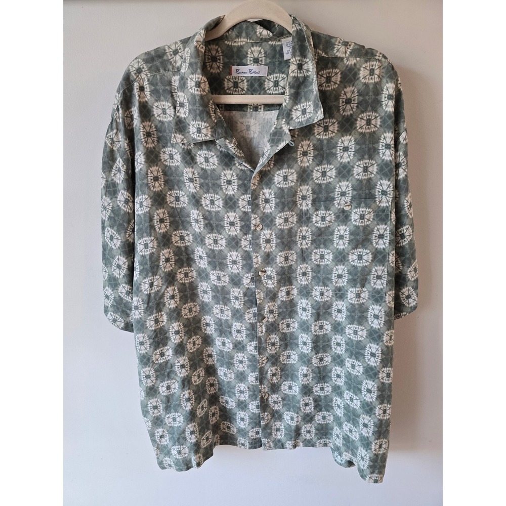 Burma Bibas Mens XL Silk Shirt Olive Green Tie Dye Medallion Short Sleeve Camp